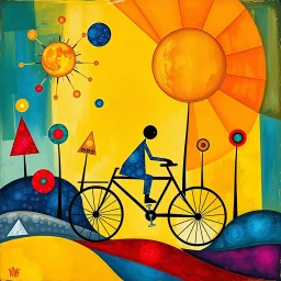 create a whimsical surreal artwork in the style of Joan Miró, symbolic non-human geometric figures on a bicycle, surrounded by floating abstract shapes, colorful triangles as trees, circles like cosmic symbols, a segmented sun dominating the sky, dreamlike vibrant palette with playful textures --ar 16:9 --v 7 --style 4b --q 2