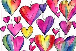 Hearts abstract wet watercolour in the style of Paul klee with thin sketchy pencil lines