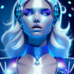 galactic girl, glitter blue and white suit with jewels, blond hair, blue eyes, cinematic lights, HQ, 4k, high details