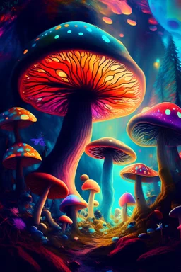 A colorful and dreamy picture, a world full of magic mushrooms, one by one
