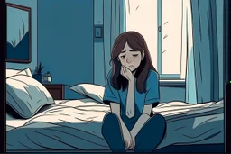 Ilustrasi gadis yang duduk di atas tempat tidur di sore hari. Wajahnya murung dan sedih.