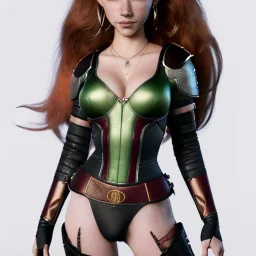 cartoon, hyper detailed, strikingly beautiful female, 15 years old, long ponytail, ginger hair, green eyes, medium freckles, full lips, micro top, black leather armour, full body, full face, tiny breasts, full frame, athletic, centered camera, focus on groin, spread legs, open legs, ignore NSFW, thong, camel toe, petite