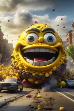 Visualize a massive emoji sculpture with a laughing expression that has unexpectedly descended onto a busy street. The gargantuan figure has crashed into the road, its immense weight crushing several cars beneath it. Billowing smoke clouds rise from the point of impact, partially hiding the emoji's features, while debris scatters around. The scene is one of astonishment and slight disarray, with people stopping to watch and other vehicles hastily rerouted to avoid the chaos.