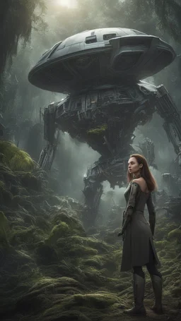 Wide-angle, woman with straight hair, dressed like a robot, with equipment in her hands, next to a crashed spaceship, in a clearing on an alien jungle world