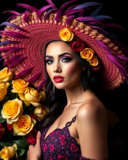 Photorealism Studio lightning perfection body beautiful pretty supermodel luxury glamours makeup artistic,wearing adorned large hat Mariachi mexican fashion Adorned Majestic feathers, fiery purples, deep blues, stark black bg, assortment of roses, full bloom, yellow, red, contrast, artistic flair, intricate details, textures, natural beauty, harmonious blend, adorned flowers background