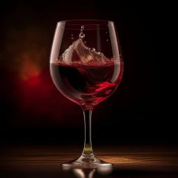 Create an artistic representation of a wine glass with a rich, red wine pouring gracefully into it. Capture the moment when the wine is suspended in mid-air, forming a beautiful arc as it enters the glass. The background should have soft, warm lighting to accentuate the colors and enhance the overall feeling of elegance and indulgence.