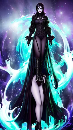 Full body and headshot of a young gothic woman dressed in clothing dripping like liquid, with no hat, with a multiverse background