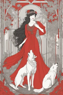 Girl in red dress and big wolf, high quality, highly detailed, Imagine an enchanting illustration inspired by the fusion of Aubrey Beardsley, Chiara Bautista, and Hayao Miyazaki, The composition blend Beardsley's intricate Art Nouveau lines, Bautista's emotionally charged and symbolic characters, and Miyazaki's whimsical and fantastical world-building, The central theme revolve around a surreal and emotionally resonant scene, featuring characters with symbolic elements and set against a backdrop