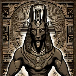 head and torso, Anubis, Egyptian god, angry, detailed skin, detailed clothing, hieroglyphs, textured, contrasting light