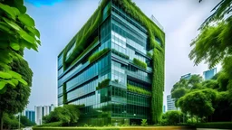Eco-friendly building in the modern city. Sustainable glass office building with tree for reducing carbon dioxide. Office building with green environment. Corporate building reduce ... See More By Artinun