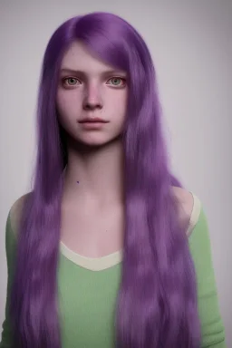 long purple haired human girl with bright green eyes