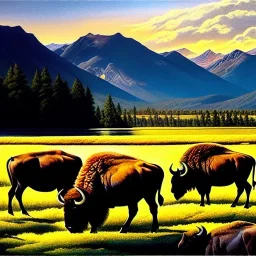 Drawing of 'herd of AMERICAN BISON',River,snow,Meadow,mountains,painting by Earl Norem, simon Bisley,frazetta,西嘛哒, evan lee, Vallejo,kelly oil on canvas, cinematic composition, extreme detail,fit full head inside picture,8k