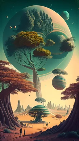 alien landscape with trees and planets and people