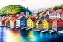 Colored pencil drawing, Very detailed, Drawing of the colorfull houses in the city Bergen in Norway. Colorfull, professional, detailed, pencil strokes, calm composition, zoom out., houses in a row. water on foreground, mountains on the background.