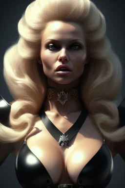 Pamela Anderson as evil queen in black leather, leather, busty, cleavage, angry, stern look. character design by cory loftis, fenghua zhong, ryohei hase, ismail inceoglu and ruan jia. unreal engine 5, artistic lighting, highly detailed, photorealistic, fantasy