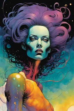 create an imaginative hybrid female extraterrestrial being with finely detailed facial features, sinuous tentacle hair, filming the exploding chaos of a dying star, in the comic book art style of Bill Sienkiewicz, Mike Mignola, and Jean Giraud Moebius, finely textured, drawn, colored, and inked