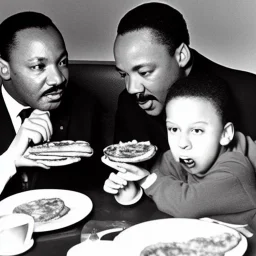 Martin Luther King Jr. and Wario eating pizza at a Denny's restaurant