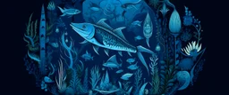 A dark blue underwater shipwrecked reef with swordfish designed in German folk art