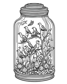 birds on tree life in jar minimalistic, line art, background, vector, svg, coloring book page style, black outline on white background