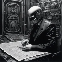 [art from H. R. Giger's Brazil (1985)] The desk employee, lost in the labyrinth of bureaucracy, fills out forms with a mechanical precision that belies his inner turmoil. The pen in his hand dances across the paper, tracing sigils and symbols that seem to whisper secrets of a reality beyond his grasp. Suddenly, the walls of the office begin to ripple like water, warping and twisting into grotesque shapes that defy logic. he delves deeper into this strange and fantastical world