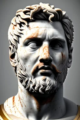 Ultra Realistic image, Roman sculpture, white marble material, Lionel Messi, gold Laurel leaves wreath, renaissance ornaments, chisel style, waist up portrait, epic, celestial, cinematic lighting, God light, god rays, 4k resolution, smooth details, ornate details, soft lighting, unreal engine 5, marble background.