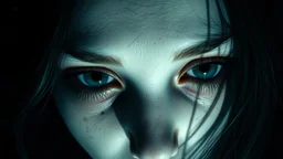 close up face shadow eyes, void, pain, hyper-realistic detail, floats in deep sea, Dark sea ten and in her hair, drils and shadow around, abyss, fog, Style crepy stunning, dark, surreal vibe underwater and meticulous detail clean pale skin and face. dark shadow and weird mood