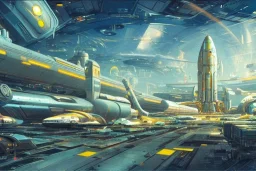 Spaceport on a heavy industrialized planet, inspired by John Berkey, insanely detailed, vibrant, wide-angle