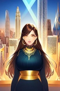 Young business woman, dark orange eyes, dark brown hair, elegant hair, thin lips, gold hoop earrings, waist up portrait, 8k resolution, intricate details, ornate details, soft lighting, vibrant colors, retroanime, masterpiece, realistic, intricate eyeliner, dark eyeshadow, eyes,futuristic cityscape background