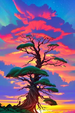 scenic photo of a vibrant Big tree, stretching high above the clouds, its branches adorned with radiant colourful lanterns that lead the way to a hidden realm of celestial vivid spirits. sunset setting, birds and fireflies flying