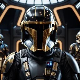 star wars bald male corellian pilot wearing dark gunmetal grey and black First Order special forces TIE pilot armored flightsuit and helmet with gold trim inside the jedi temple, centered head and shoulders portrait, hyperdetailed, dynamic lighting, hyperdetailed background, 8k resolution, volumetric lighting, light skin, fully symmetric details