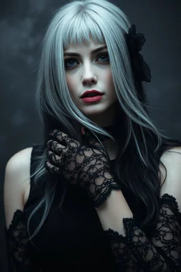 a mystic beauty goth woman with pale skin, black-silver hair, , goth style makeup. She wearing a stylish nice black dress and lace gloves, she gazes mysterious , mystic dark vibe, fog, shadows