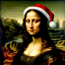 Pintura al oleo de La Monalisa de Leonardo Da Vinci con el gorro de navidad, maximalista, calidad ultra, hiperdetallado, 12k