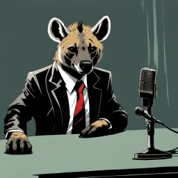 Hyena in a suit and tie, as an announcer sitting at the transmission table with a microphone presenting a newscast. Banksy cómic style. Ultra quality