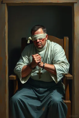 A priest they but a fabric on his eye so he can not see and his arms are Handcuffed. looks miserable with bruises on his face like he has been beating sitting on a broken chair in a prison with dem light and dark prison environments , Busch painting style , sureal