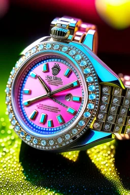 Picture a pink Rolex watch, with its diamond-encrusted bezel catching the sunlight and scattering a thousand little rainbows in all directions. It's a dazzling display of opulence."