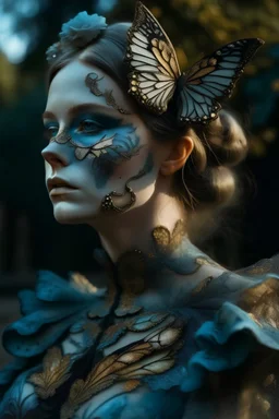 Black baroque light blue gradient butterfly dress ona woman portrait, baroque style, garden background golden organic bio spinal ribbed detail of dust makeup on face extremly textured hyperrealistic maximálist ornate conceptart