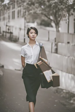 color photo of a student girl 22 years old ,short hair with her books in her hand walking in street,next to trees.