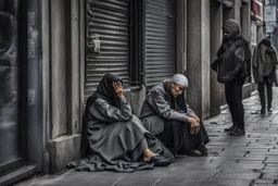 a woman sits with a sad face on the sidewalk on the street and cries, people pass by her, a gray crowd of passers-by comes and goes, human backs rush to work, no one looks at the crying woman, dark colors and shades of gray, depressing, sad, depressed moody picture, everything is grey