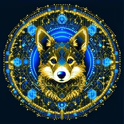 Blue and gold circle logo of a cute corgi dog made of gold circuit board traces, fingerprint and neural network superimposed behind