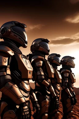 retrato de cuatro guerreros con armaduras futuristas observando al horizonte en marte en plano lateral con el espacio exterior de fondo