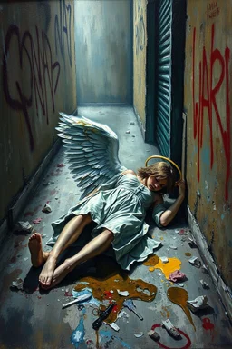 grunge oil painting of an Urban alley grunge scene, fallen angel laying on ground in ripped robes, white stained wings, feathers misplaced, slight glowing, but broken halo. Dirty walls, graffiti in Latin, oil on the ground. Harsh shadows and goth undertones. areal view looking down , messy brush strokes, close up