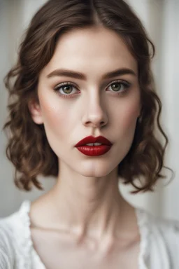 a portrait of a girl with brown hair and large brown eyes and very red lips and a scar in her 20s