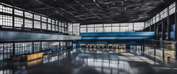 interior of abandoned airport terminal, liminal space, subliminal vibe, steely cold colors of cobalt blue, steel gray, beige and black, sporadic tint ink leaks, perfect verticals, amazing parallels