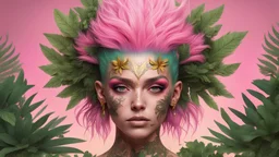 pink background, punk 45 years old, forest on the head, plant hair, green plants, bright colors, golden birds, golden makeup, tattoo, shiny aura, very detailed, fine rendering, high detail, high resolution, 8K