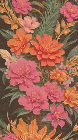 Beautiful vibrant vintage maximalist wallpaper, mid century pastel floral, busy wallpaper, hundreds of huge blooms of flowers. Intricate details, oil painting style. Gold accents, visible brushstrokes. Zoomed out, extremely detailed.