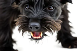 side-front of head nose, mouth with teeth, 2 ears and eyes of a black Scottish terrier coming up from the side-bottom, mouth open biting, white background