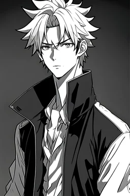 Anime fashion, a male character in the black-and-white photography for the magazine, 8K resolution, high quality, ultra graphics, and detailed with lines.