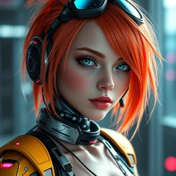 a pretty cyberpunk girl, cyborg, bright hair, futuristic
