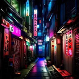 Narrow Kabukicho alley, 80's retro, neon color grading,