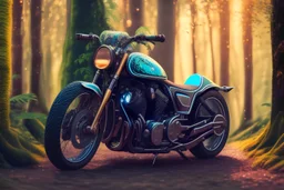 Beautiful, cool, attractive motorcycle in the magic forest, 4K, 8K